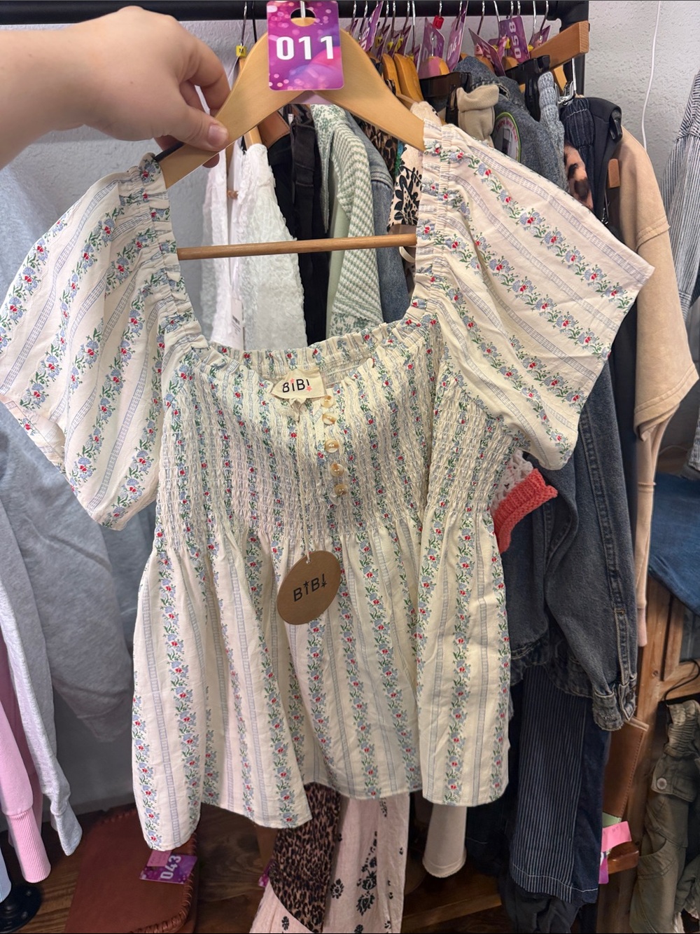 BiBi Cream Floral Smocked Peasant Blouse